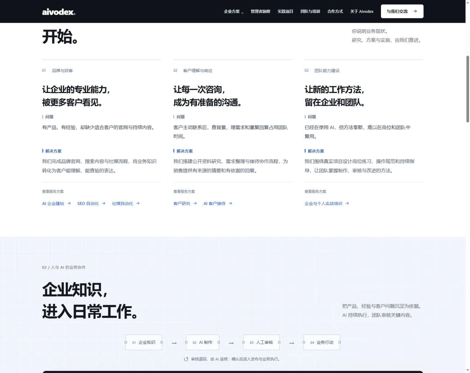 Aivodex 官网中内容、营销与客户协作方案的实际页面截图