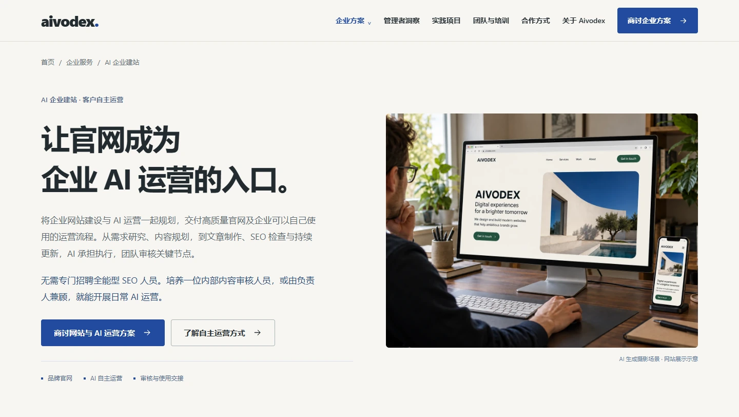 Aivodex 自有官网企业建站服务页的实际页面截图