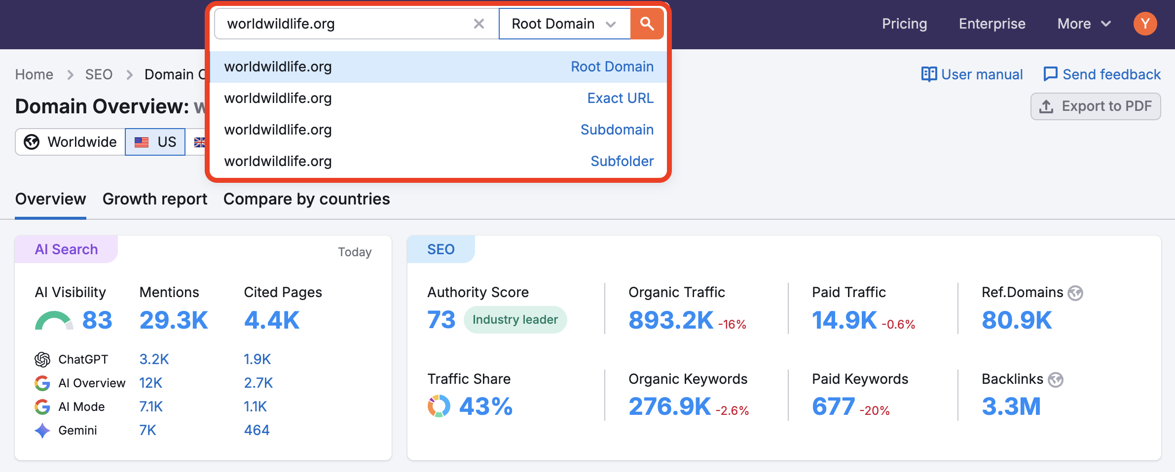 Semrush 官方界面示例:输入域名并选择查询范围